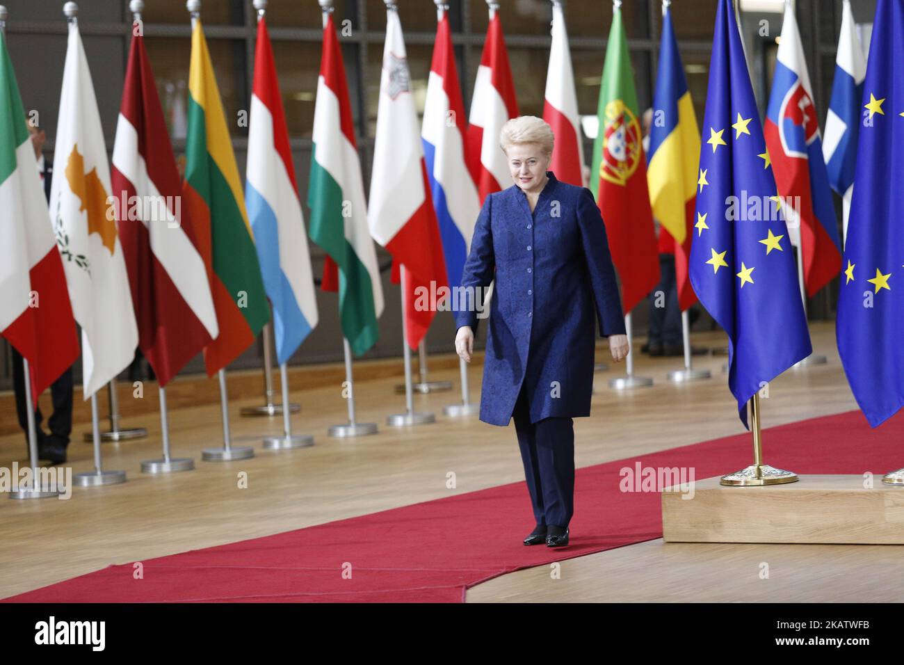 Dalia Grybauskaite, Premier ministre lituanien, arrive au bâtiment Europa à Bruxelles, en Belgique, pour le sommet du Conseil européen sur l'14 décembre 2017. (Photo par Dominika Zarzycka/NurPhoto) Banque D'Images
