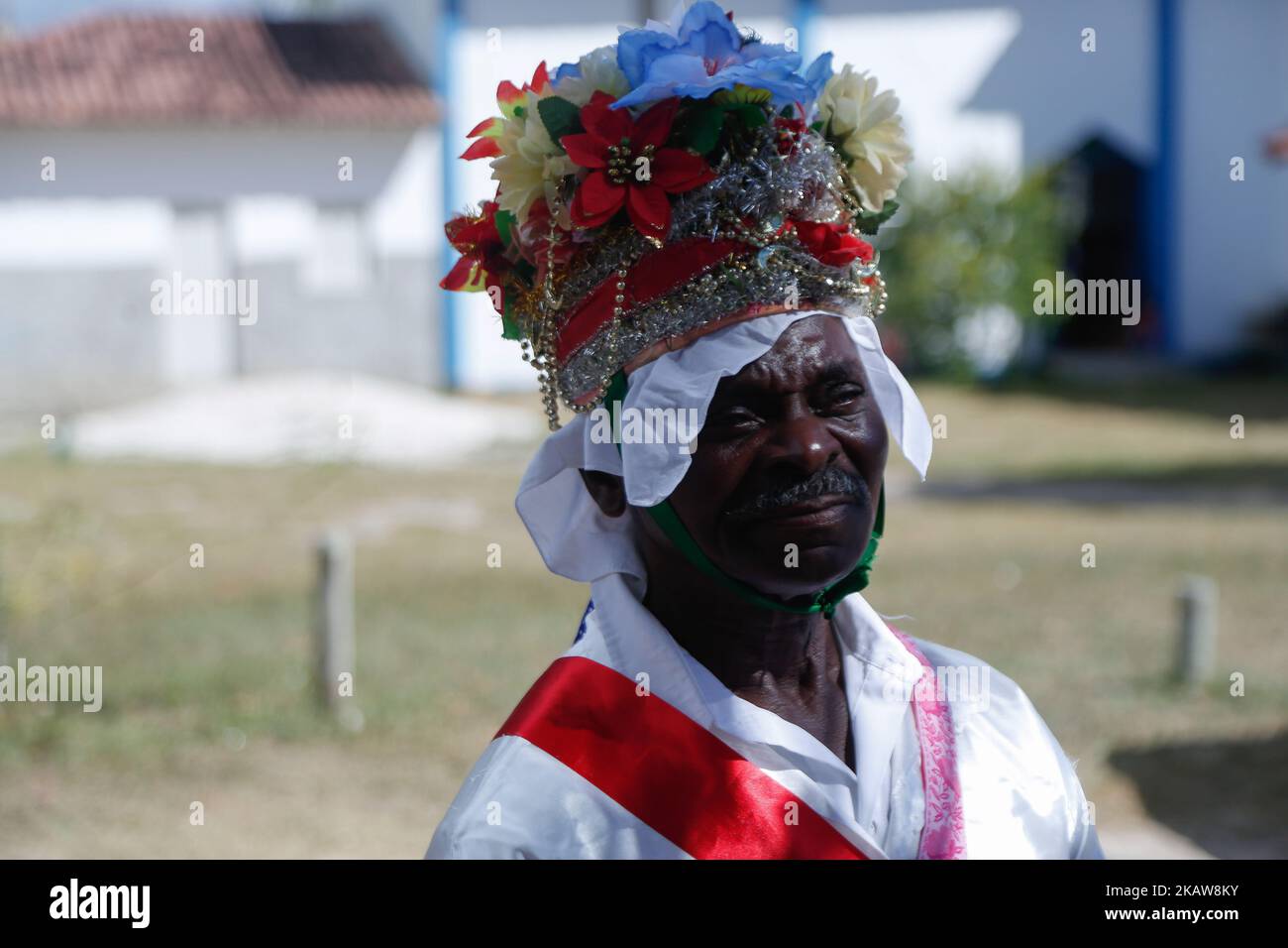 Participants du groupe folklorique Ticumbi ville à la fête Saint-Sébastien et Saint-Benoît, dans la ville d'Itaunas, Etat d'Espirito Santo, Brésil, sur 21 janvier 2018. (Photo de Gilson Borba/NurPhoto) Banque D'Images