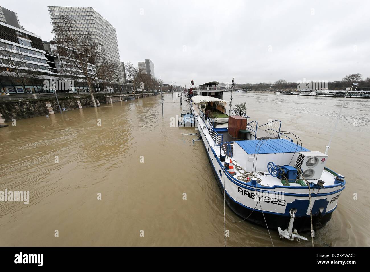 Une rive inondée de la Seine en face de la Bibliothèque François Mitterrand sur 26 janvier 2018