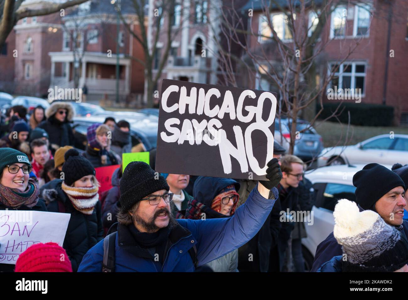 Des manifestants se réunissent à l'Université de Chicago pour protester contre un discours à venir à l'université de Steve Bannon, ancien stratège en chef de l'administration Trump et ancien président exécutif de Breitbart News, à Chicago, dans l'Illinois, sur 2 février 2018. (Photo de Max Herman/NurPhoto) Banque D'Images