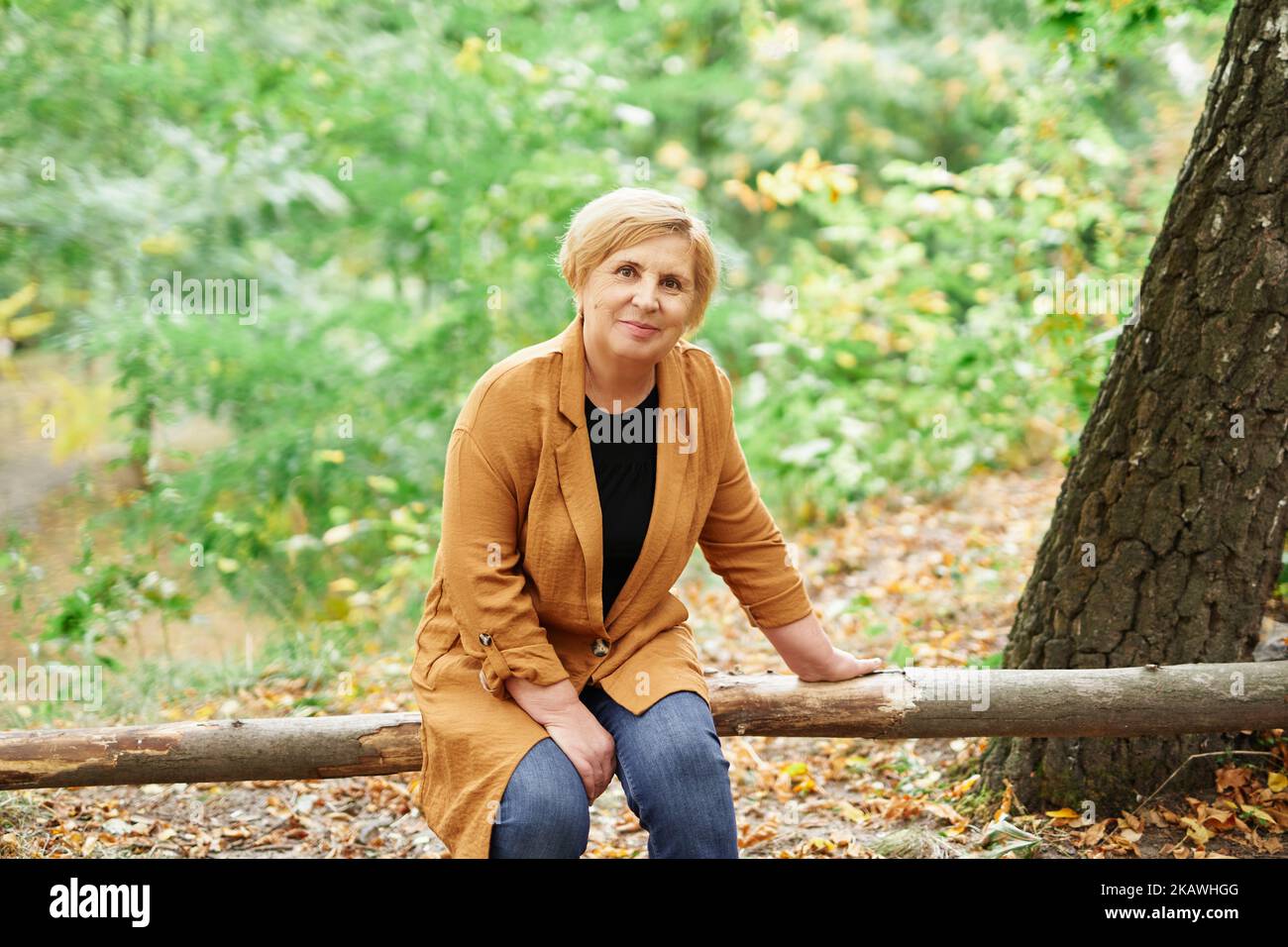 Chute de la saison ou retraite: portrait en gros plan d'une femme caucasienne sérante assise sur une bûche en bois dans un parc d'automne. Personnes âgées souriantes et matures appréciant la nature. Photo de haute qualité Banque D'Images