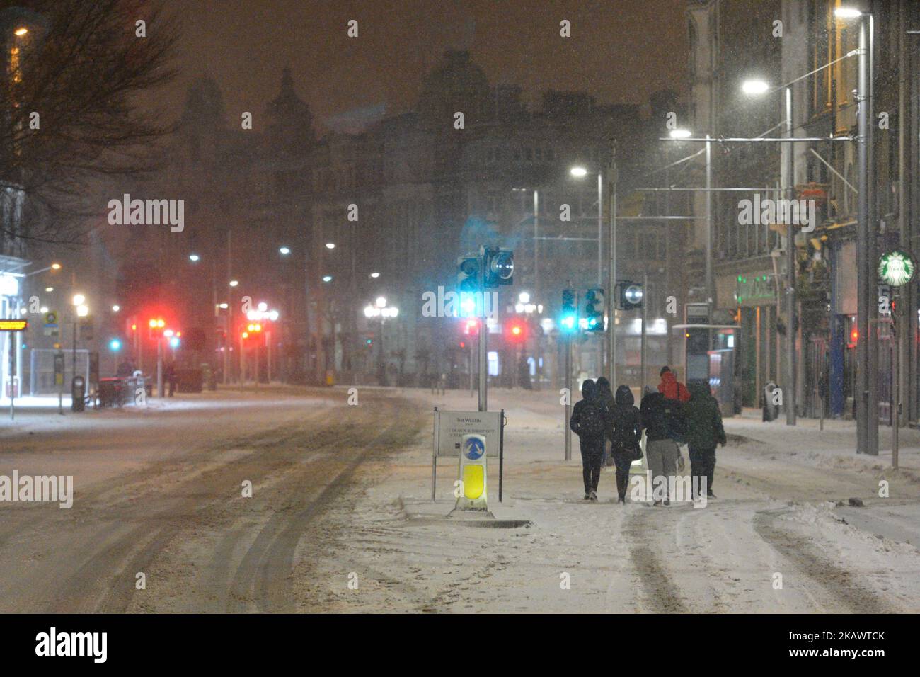 Une vue sur le centre-ville vide de Dublin alors qu'il « Bête de l'est » a frappé l'Irlande avec des températures qui plongent à -5C et des averses de neige ainsi que des conditions de gel et de glace très répandues. Jeudi, 1 mars 2018, à Dublin, Irlande. (Photo par Artur Widak/NurPhoto) Banque D'Images