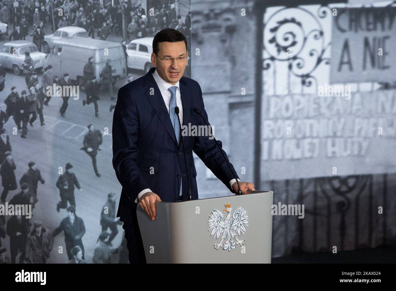 Premier ministre polonais Mateusz Morawiecki lors du débat sur la crise politique polonaise de 1968 (1968) à l'Université de Varsovie, à Varsovie, Pologne, le 7 mars 2018 (photo de Mateusz Wlodarczyk/NurPhoto) Banque D'Images