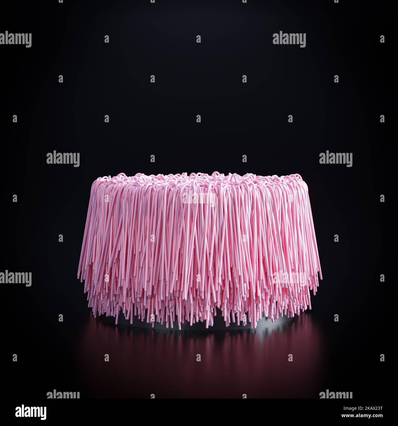 podium cylindrique avec longs fils roses sur fond sombre. 3d rendu Banque D'Images