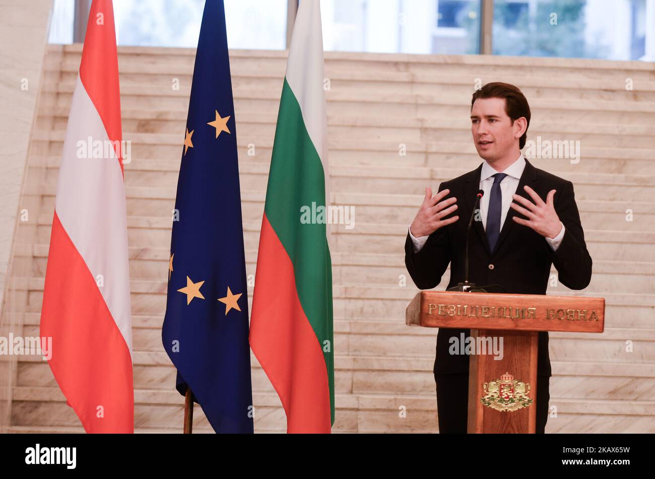 Le chancelier autrichien Sebastian Kurz lors de la conférence de presse avec le Premier ministre bulgare, Boyko Borisov, Sofia, Bulgarie, sur 15 mars 2018. Le Premier ministre bulgare Boyko Borisov et le chancelier autrichien Sebastian Kurz assistent à une conférence de presse commune à la suite de leurs entretiens. Les accents de la réunion avec le leader bulgare sont les options pour le développement des relations bilatérales et le partenariat bulgare et autrichien sur la présidence de l'UE, résidence Boyana, Sofia, Bulgarie sur 15 mars 2018 (photo de Hristo Rusev/NurPhoto) Banque D'Images