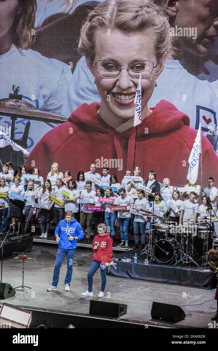 Ksenia Sobchak, candidate du parti de l'Initiative civique aux élections présidentielles en Russie, lors du dernier rassemblement avant le jour des élections. (Photo de Celestino Arce/NurPhoto) Banque D'Images