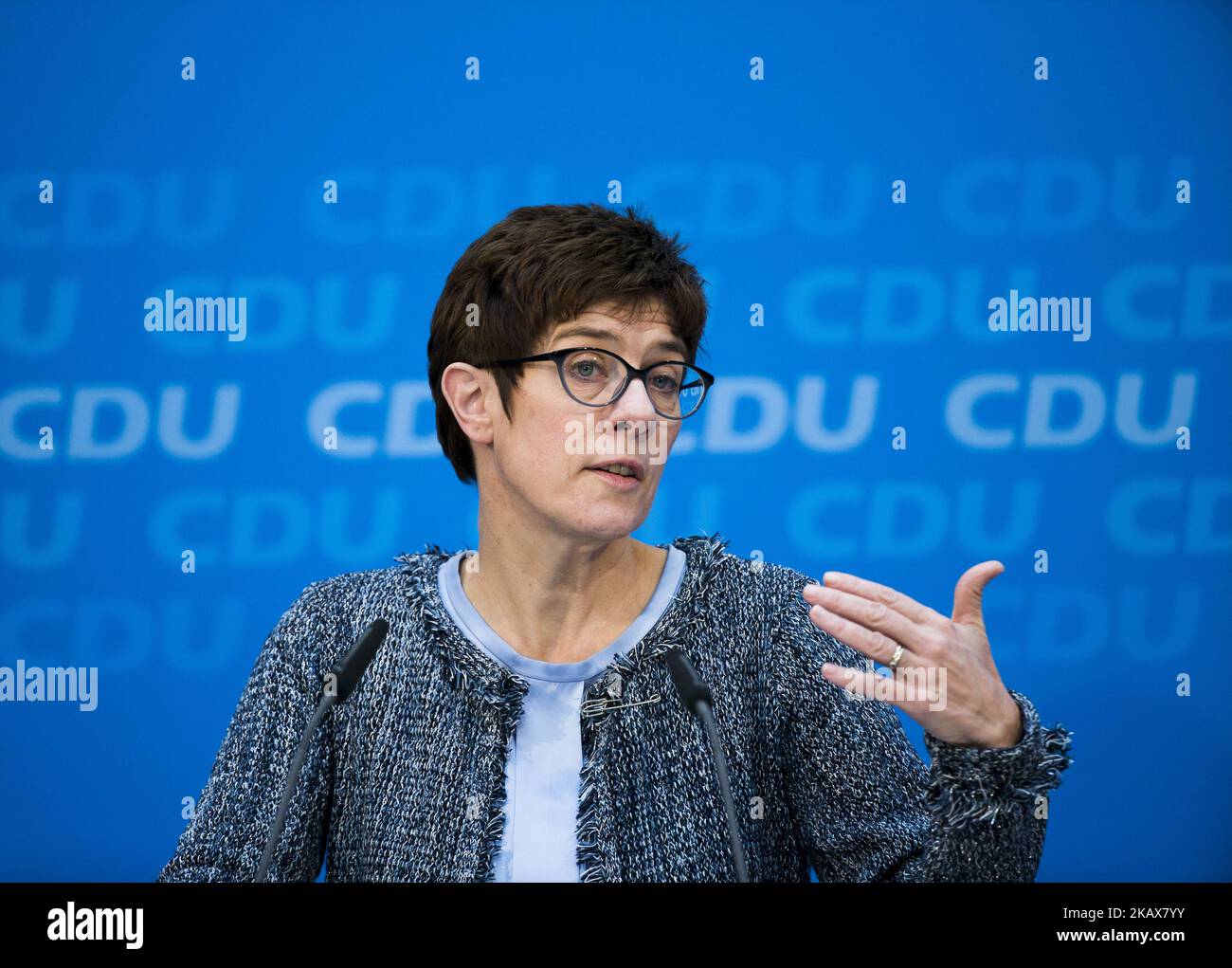 Le Secrétaire général de la CDU, Annegret Kramp-Karrenbauer, tient une conférence de presse à Konrad-Adenauer-Haus à Berlin, en Allemagne, sur 19 mars 2018. (Photo par Emmanuele Contini/NurPhoto) Banque D'Images