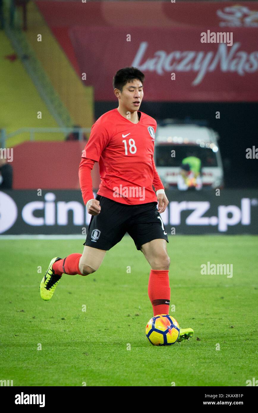 Yun Jeune-soleil pendant le match international de football amical entre les équipes nationales de Pologne et de Corée du Sud, au stade silésien de Chorzow, Pologne sur 27 mars 2018 (photo de Mateusz Wlodarczyk/NurPhoto) Banque D'Images