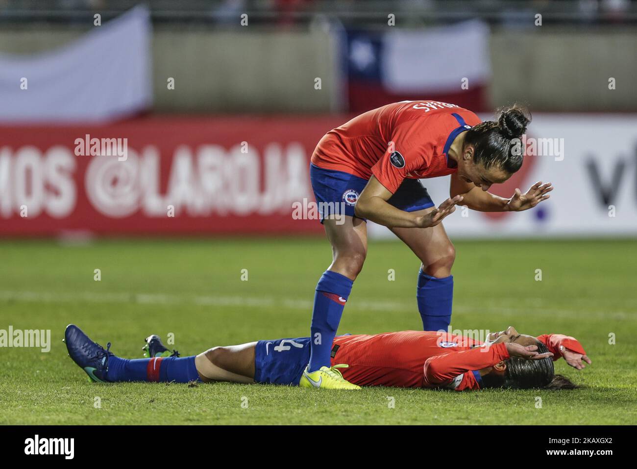 Francisca Lara, du Chili, célèbre son but lors de la première phase et s'est qualifiée pour la demi-finale du match de coupe féminine américaine 2018 entre le Chili et le Pérou à l'Estadio la Portada à la Serena, au Chili, le 12 avril 2018. Le Chili a gagné 5-0.(photo de Pablo Rojas Madariaga/NurPhoto) Banque D'Images