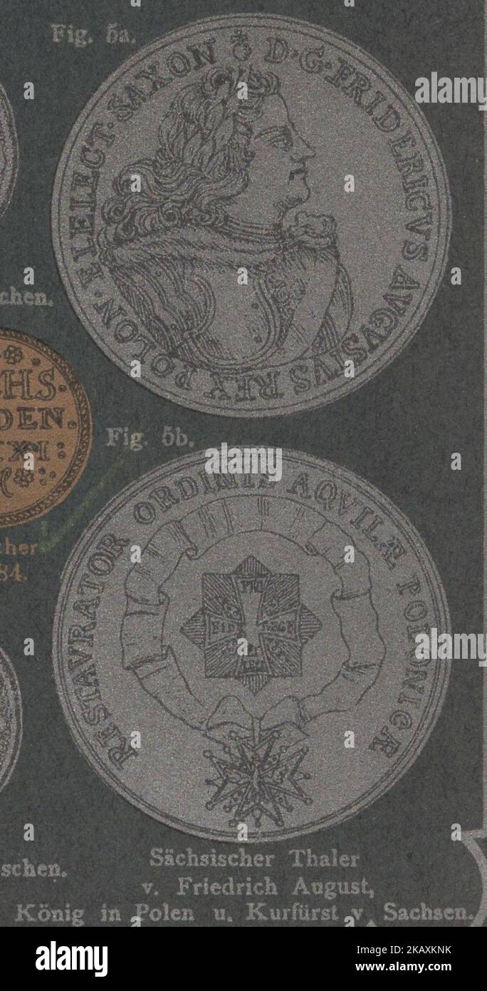 Antique 19th Century allemagne numismatique catalogue illustré avec des techniques d'impression intéressantes / Antiker numismatischer illustrierter Katalog aus dem 19. Jahrhundert mit interessanter Drucktechnik : Sächsisher Thaler c. Friedrich August, könig in Polen u kurürst v Sachsen / Saxon Thaler of Friedrich August, Roi en Pologne et électeur de Saxe / Grand-duc du duché de Varsovie / Banque D'Images
