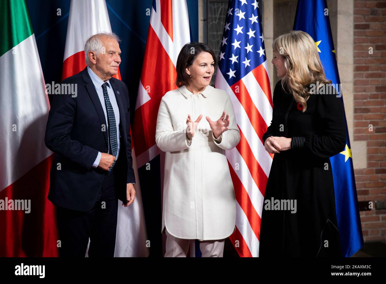 (LR) Josep Borrell, haute représentante de l'UE pour les affaires étrangères et la politique de sécurité, Annalena Baerbock, ministre fédérale des affaires étrangères, et Melanie Joly, ministre des affaires étrangères du Canada, photographiées lors de la réunion des G7 ministres des affaires étrangères à Muenster, au 3 novembre 2022. Banque D'Images