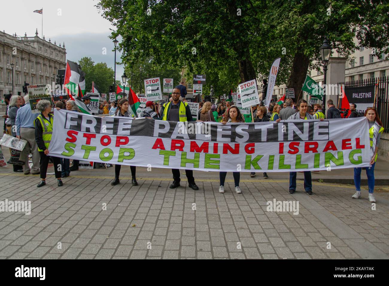 Les manifestants appellent à libérer la Palestine de l'opprésion israélienne. Les Palestiniens et ceux qui soutiennent la Palestine ont protesté à Londres, au Royaume-Uni, le 5 juin 2018, condamnant les récents meurtres dans la bande de Gaza. (Photo par Alex Cavendish/NurPhoto) Banque D'Images