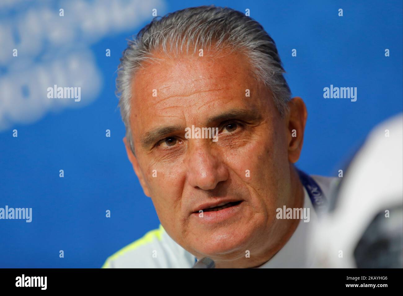 L'entraîneur de l'équipe nationale brésilienne Tite participe à une conférence de presse lors de la coupe du monde de la FIFA 2018 sur 21 juin 2018 au stade de Saint-Pétersbourg à Saint-Pétersbourg, en Russie. (Photo de Mike Kireev/NurPhoto) Banque D'Images