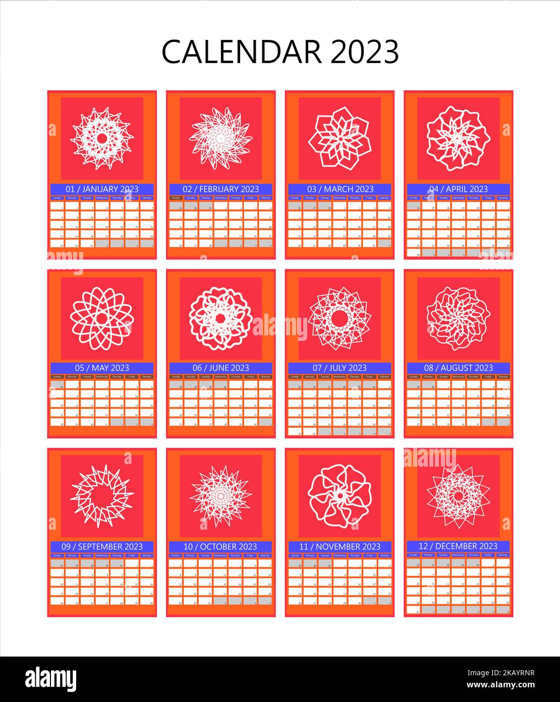 Calendrier vectoriel 2023 avec fleurs. Avec calendrier hebdomadaire à partir du dimanche. Avec couleurs bleu, rouge et orange. Illustration de Vecteur