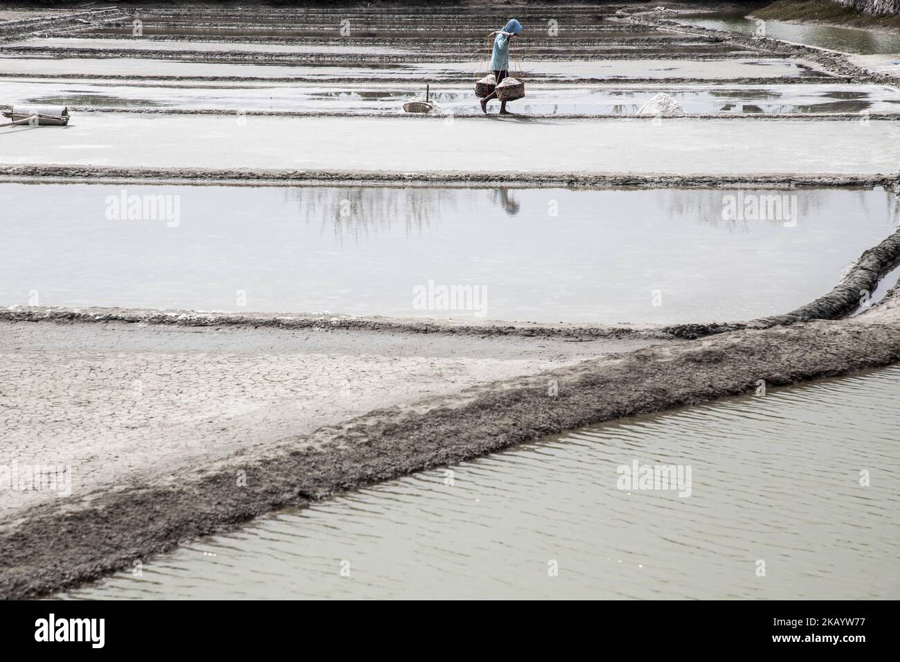 Rembang, mi-Java 04 juillet 2018 : la fabrication du sel à Rembang-mi-Java-Indonésie. Reuters signale qu'avec plus de 50 000 km (31 000 miles) de littoral, l'Indonésie est entourée d'eau salée, et pourtant elle dépense des dizaines de millions de dollars chaque année pour les importations de sel. Le problème est que l'Indonésie ne produit pas assez de sel de haute qualité. L'industrie locale du sel pourrait prendre des années pour augmenter la production et la qualité aux niveaux nécessaires, et il n'existe actuellement aucun plan global à cet effet. L'agriculteur de sel se bat encore pour avoir des revenus appropriés de la production de sel. (Photo par Donal Husni/NurPhoto) Banque D'Images