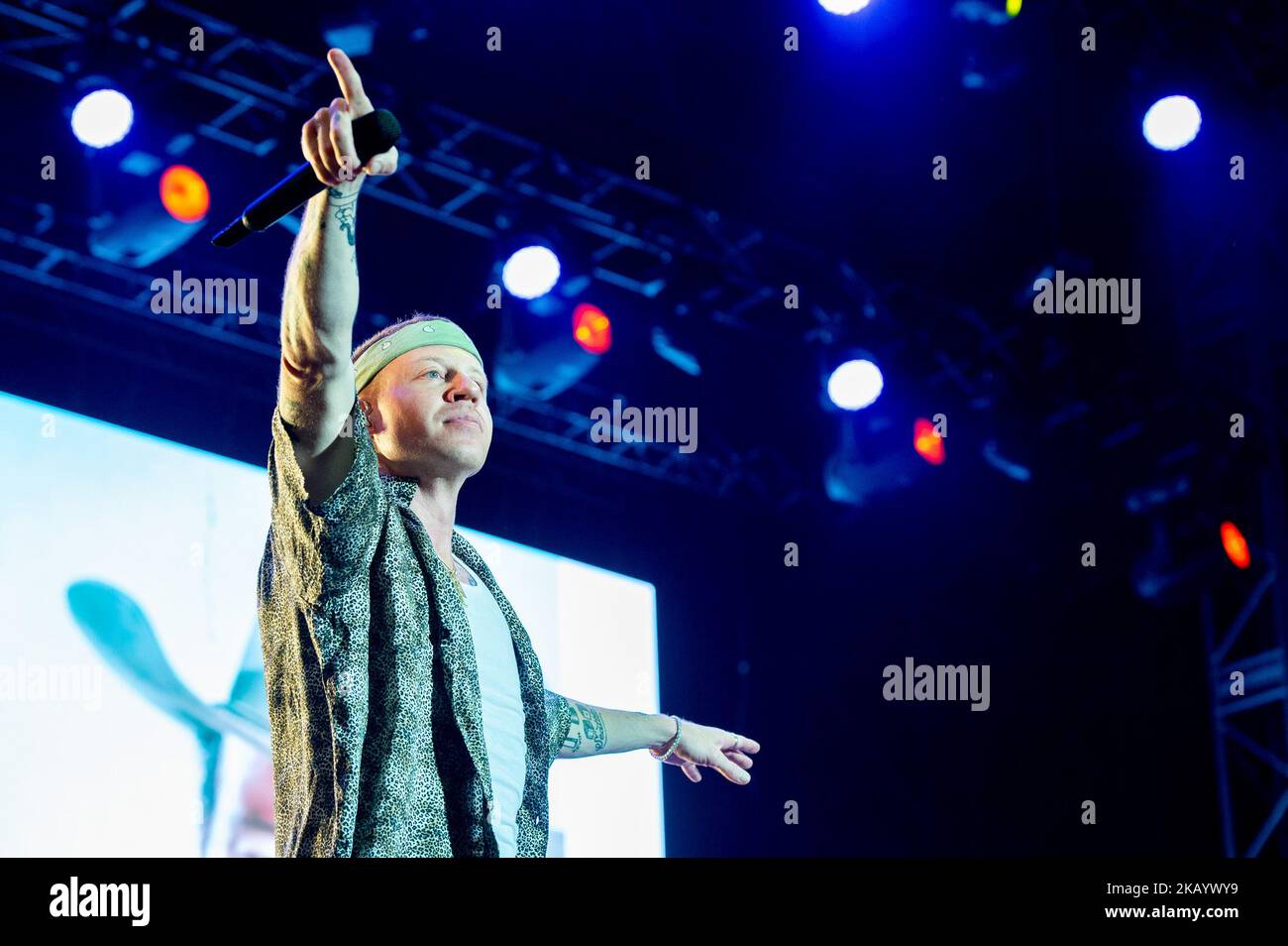 Benjamin Haggerty connu sous son nom de scène Macklemore, qui se déroule en direct sur scène à Rome au festival Rock in Roma, Rome, Italie, le 3 juillet 2018. (Photo de Giuseppe Maffia/NurPhoto) Banque D'Images