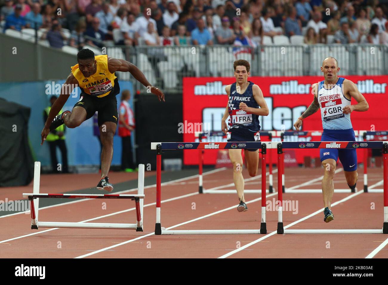 Insert Whyte of Jamaica concourt dans les 400m haies Men lors de la coupe du monde d'athlétisme Londres 2018 au London Stadium, Londres, le 15 juillet 2018 (photo par action Foto Sport/NurPhoto) Banque D'Images