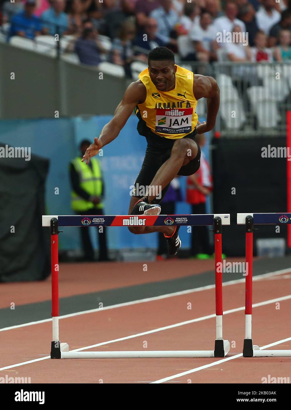 Insert Whyte of Jamaica concourt dans les 400m haies Men lors de la coupe du monde d'athlétisme Londres 2018 au London Stadium, Londres, le 15 juillet 2018 (photo par action Foto Sport/NurPhoto) Banque D'Images