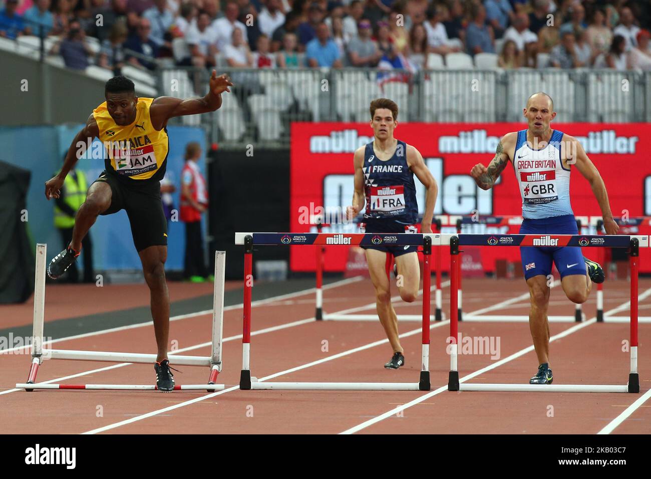 Insert Whyte of Jamaica concourt dans les 400m haies Men lors de la coupe du monde d'athlétisme Londres 2018 au London Stadium, Londres, le 15 juillet 2018 (photo par action Foto Sport/NurPhoto) Banque D'Images