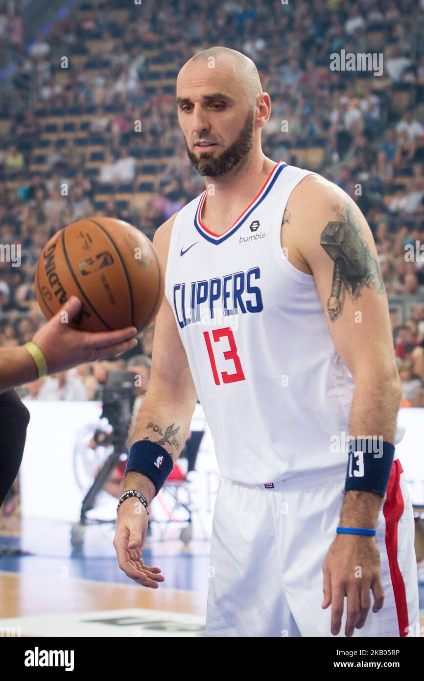 Marcin Gortat lors du match de basket-ball caritatif « Gortat Team » (célébrités) contre l'armée polonaise, organisé par Marcin Gortat (joueur de la NBA), à l'Atlas Arena de Lodz, Pologne, le 21 juillet 2018 (photo de Mateusz Wlodarczyk/NurPhoto) Banque D'Images