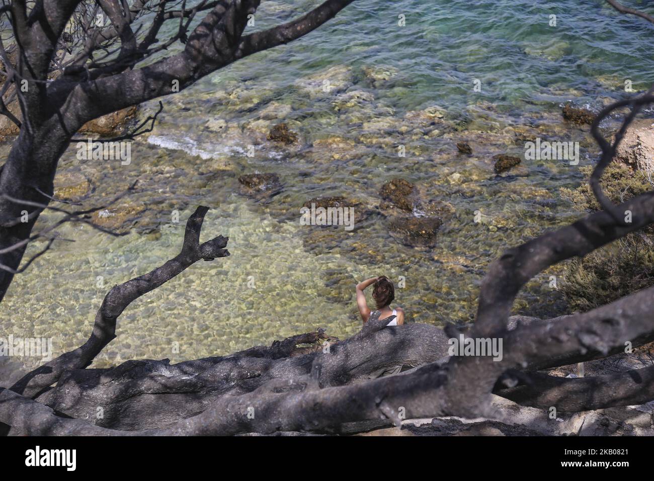 Photos de la région plus large de Mati et Neos Voutsas dans l'est de l'Attique près d'Athènes après le feu. Le feu qui a eu lieu le 23 juillet 2018 a été l'un des plus fidèles du siècle. Le nombre de morts a été porté à 88 victimes. Beaucoup de gens manquent encore et la recherche est toujours en cours. La région est toujours sans électricité. Le premier compte a été que 2500 maisons ont été détruites. 28 juillet 2018 - Mati, Attique, Grèce (photo de Nicolas Economou/NurPhoto) Banque D'Images