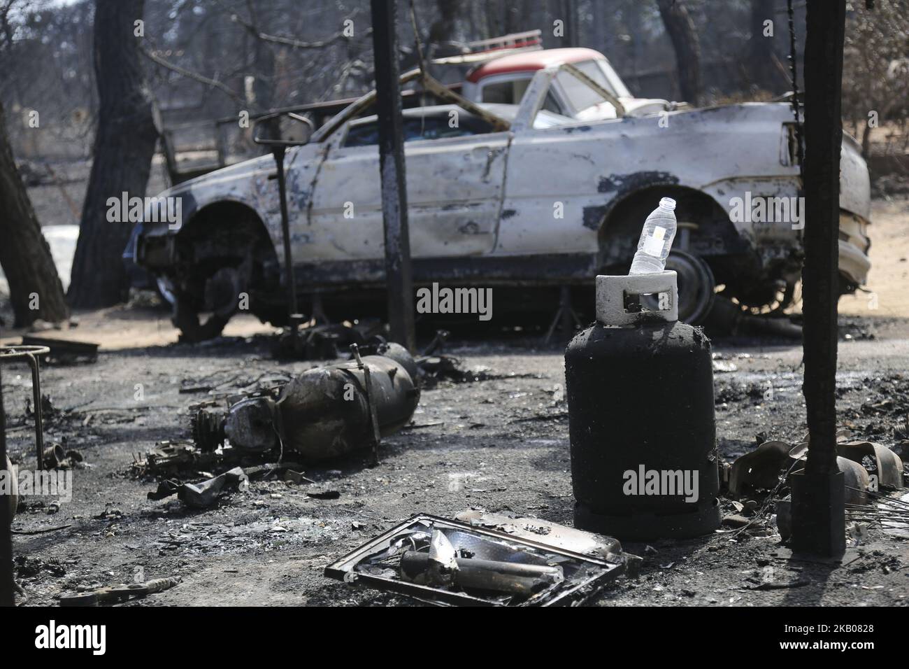 Photos de la région plus large de Mati et Neos Voutsas dans l'est de l'Attique près d'Athènes après le feu. Le feu qui a eu lieu le 23 juillet 2018 a été l'un des plus fidèles du siècle. Le nombre de morts a été porté à 88 victimes. Beaucoup de gens manquent encore et la recherche est toujours en cours. La région est toujours sans électricité. Le premier compte a été que 2500 maisons ont été détruites. 28 juillet 2018 - Mati, Attique, Grèce (photo de Nicolas Economou/NurPhoto) Banque D'Images