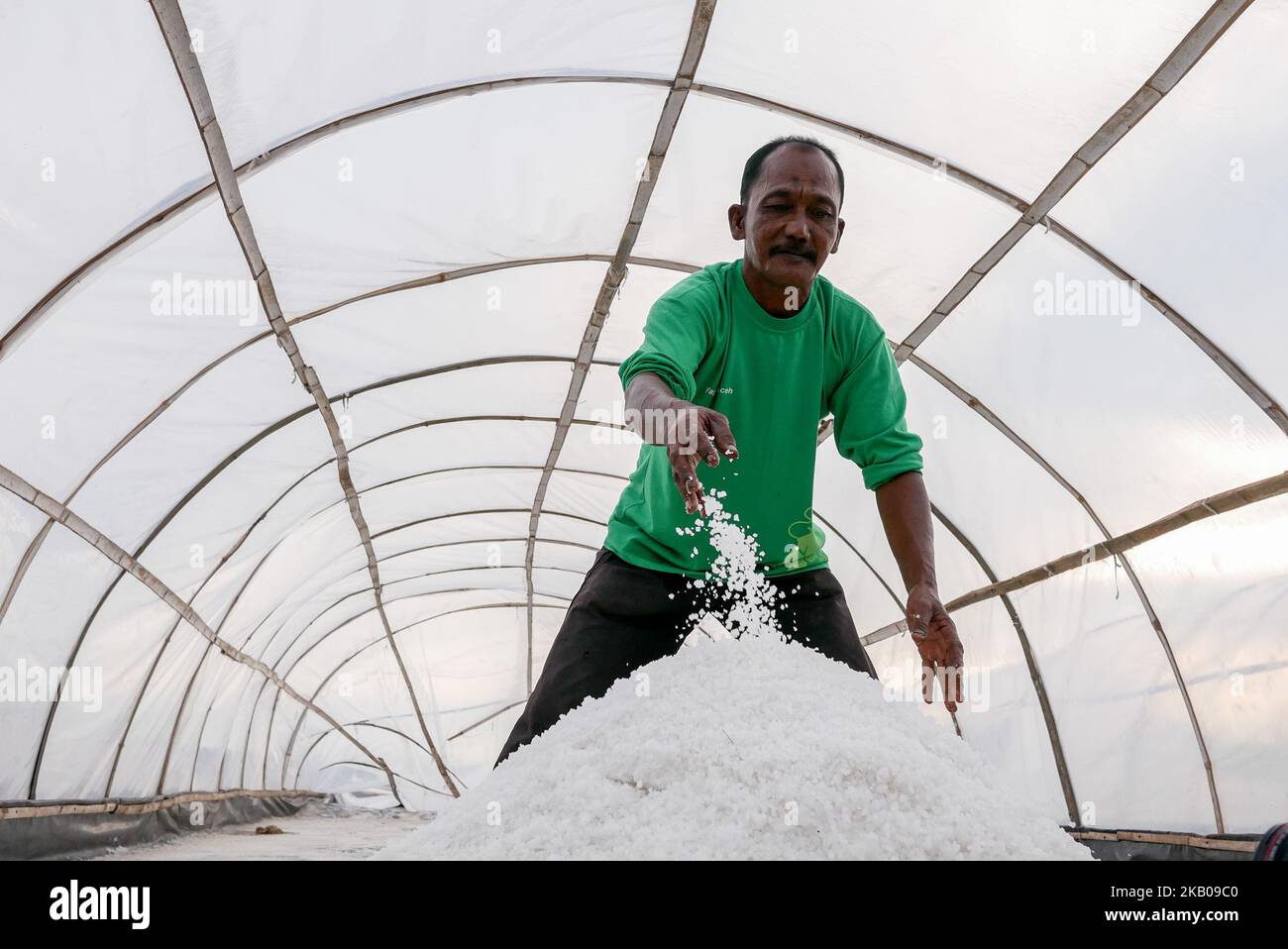 L'agriculture de sel à Lamujong à Banda Aceh, Indonésie sur 2 août 2018. L'Indonésie est entourée d'eau salée et dépense encore des dizaines de millions de dollars chaque année pour les importations de sel. (Photo d'Anton Raharjo/NurPhoto) Banque D'Images