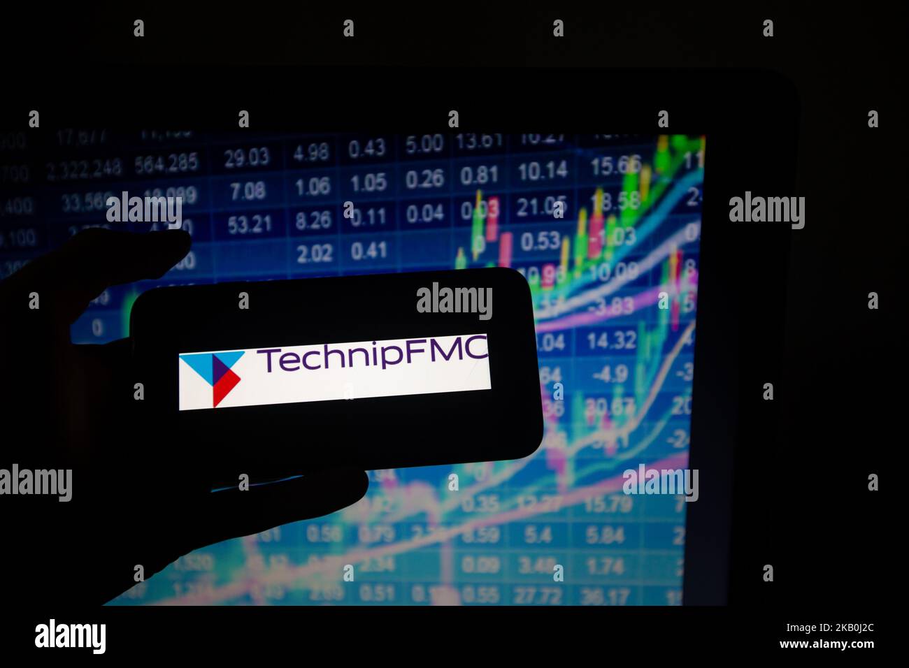 Le logo de la société française TechnipFMC figurant dans le CAC 40 à Paris est illustré sur 28 août 2018. Le CAC 40 représente les 40 plus grandes entreprises françaises sur le marché boursier. (Photo par Alexander Pohl/NurPhoto) Banque D'Images