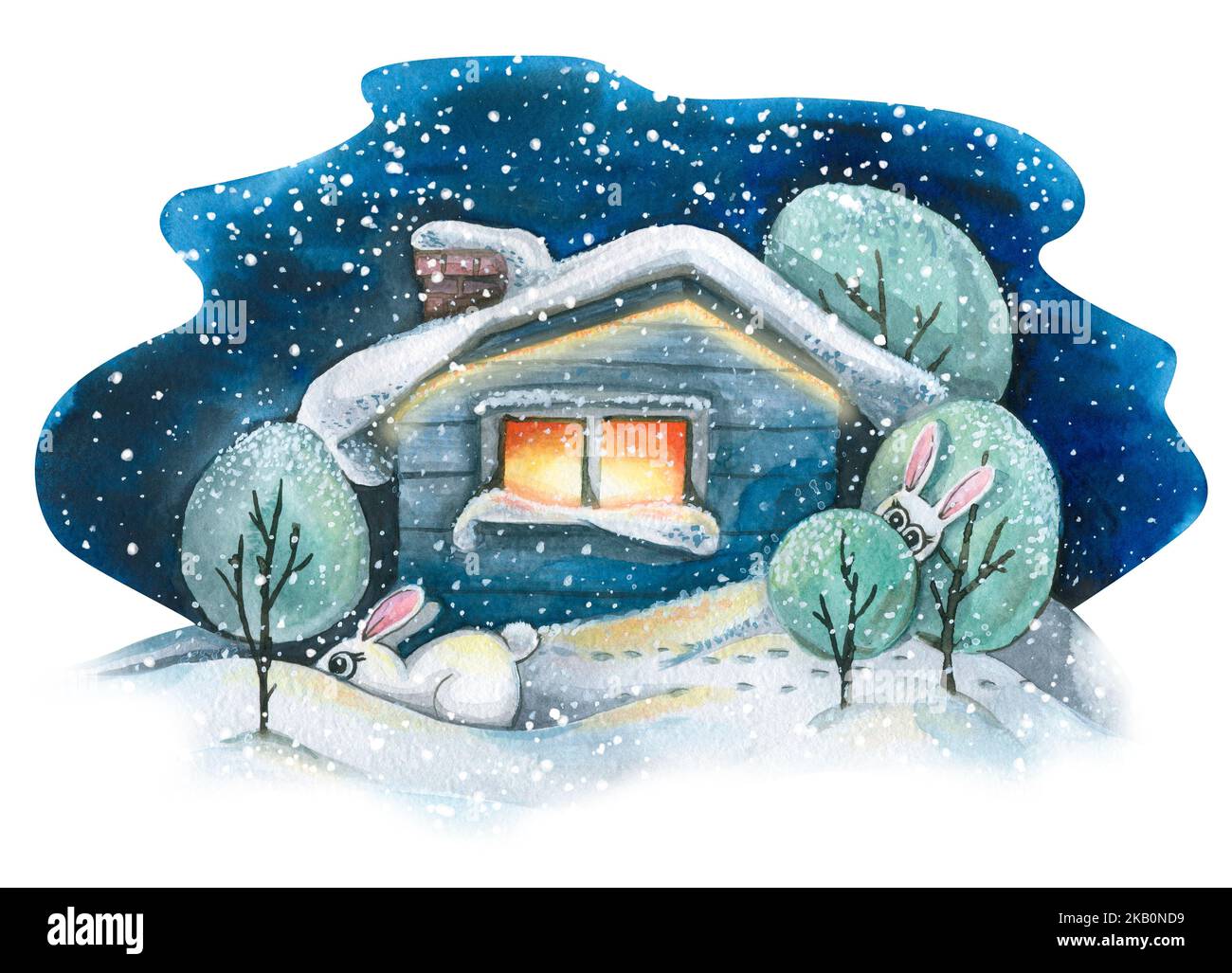 Une maison rustique dans la neige avec des arbres et des lapins mignons. Paysage d'hiver. Illustration aquarelle. Pour la conception et la décoration de cartes postales, affiches Banque D'Images
