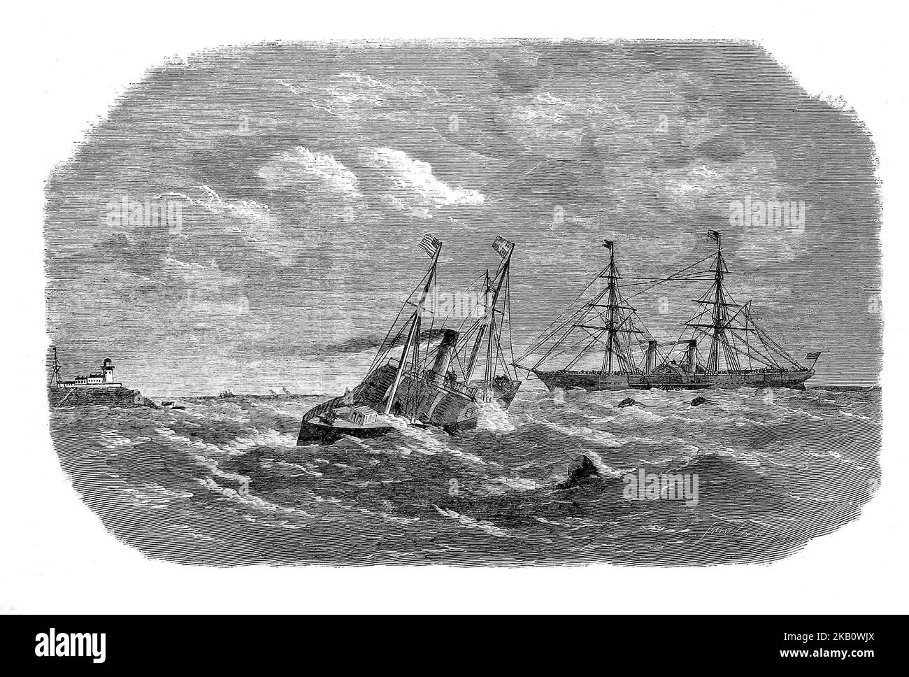 Le Jackal Tender et d'autres bateaux naviguant à la rencontre de l'American Mail Steamer près de Roche point, comté de Cork, Irlande dans le 1860s. Banque D'Images