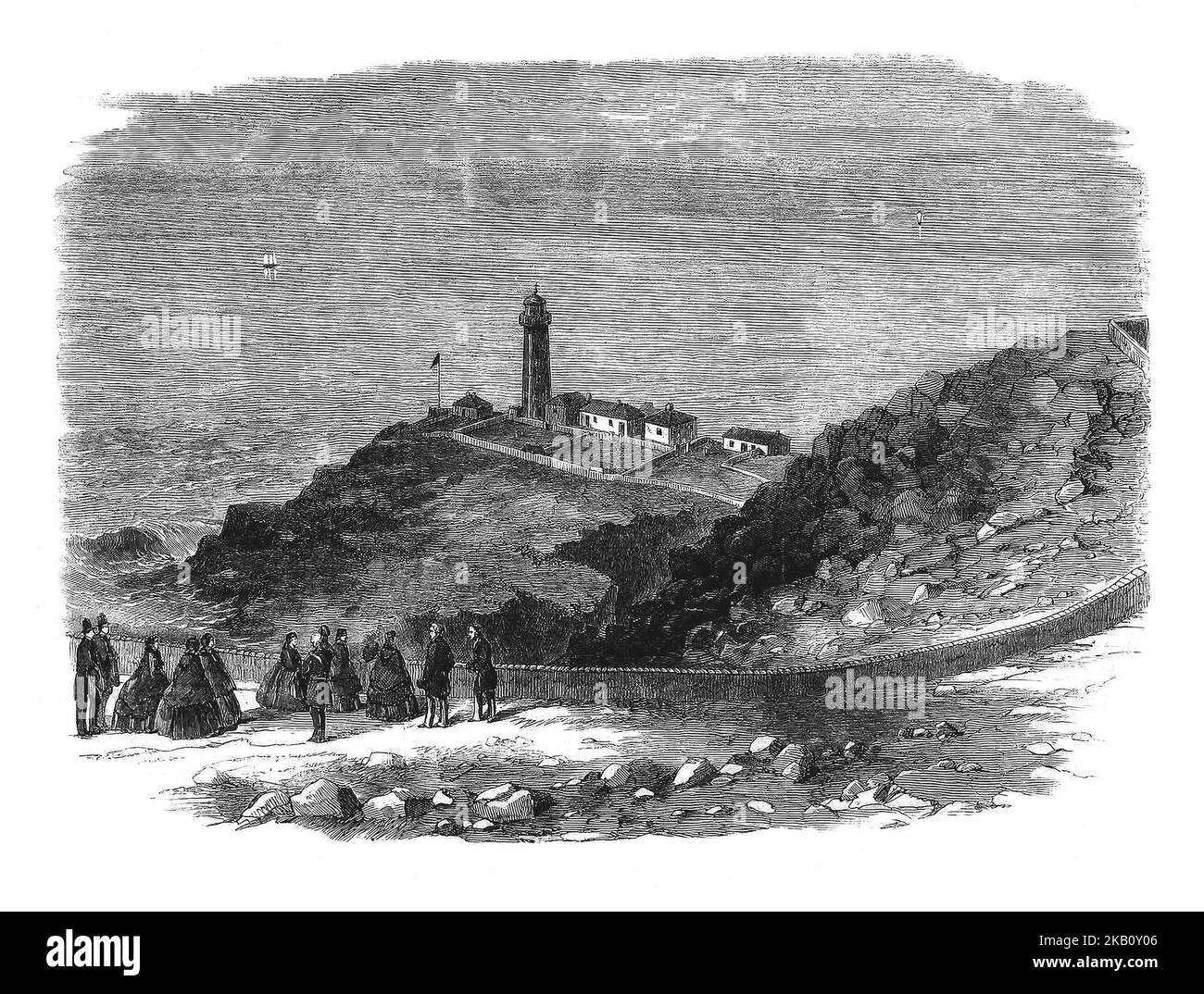 Une visite de la reine Victoria et de son mari Prince Albert au phare de South Stack à Anglesea, dans le nord du pays de Galles, guidant des navires traversant la mer d'Irlande vers et depuis les ports de Holyhead et Dun Laoghaire. Il a suivi le troisième voyage du monarque en Irlande en 1861 dans le yacht royal britannique. Banque D'Images