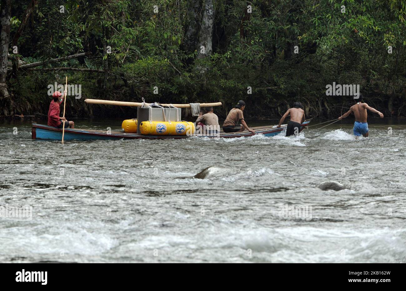 KALIMANTAN BARAT, INDONÉSIE, SEPTEMBRE 17 : le bateau transportant une cage contenant de l'orangutan traversant la rivière Metatai dans le parc national de Bukit Baka Bukit Raya sur 12 septembre,2018. IRA (International Animal Rescue) avec BKSDA (nature conservation Agency Indonesia) Section de conservation de la région de Ketapang 1 et Bukit Baka Bukit Raya Parc national de libération de 4 orangs-outangs de conservation. Quatre orangs-outangs libérés ont été victimes de commerce illégal nommé Ongki et maintenus illégalement par des résidents nommés Rambo, Kepo, ami, leurs orangs-outangs adolescents. Les orangs-outangs sortent vers les arbres et grimpent jusqu'au sommet à l'O Banque D'Images