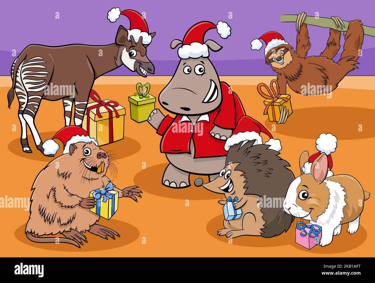 Illustration de dessin animé de drôle de groupe de personnages animaux avec des cadeaux à l'heure de Noël Illustration de Vecteur