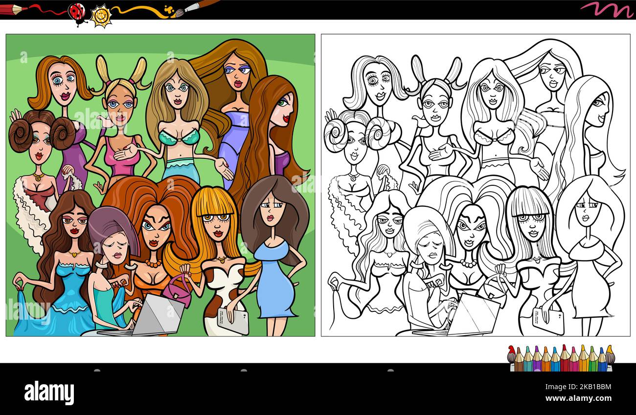 Illustration de dessin animé de drôle de filles et de femmes de caractères de bande dessinée page de coloriage de groupe Illustration de Vecteur