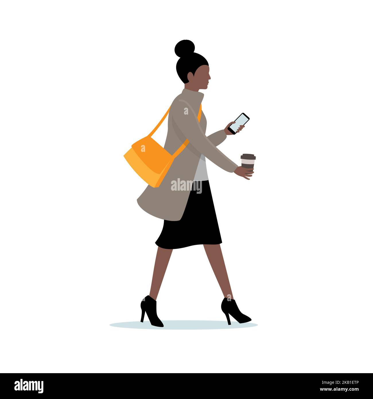 Une femme d'affaires se précipitant, tenant un téléphone portable et une tasse de café. Illustration de Vecteur