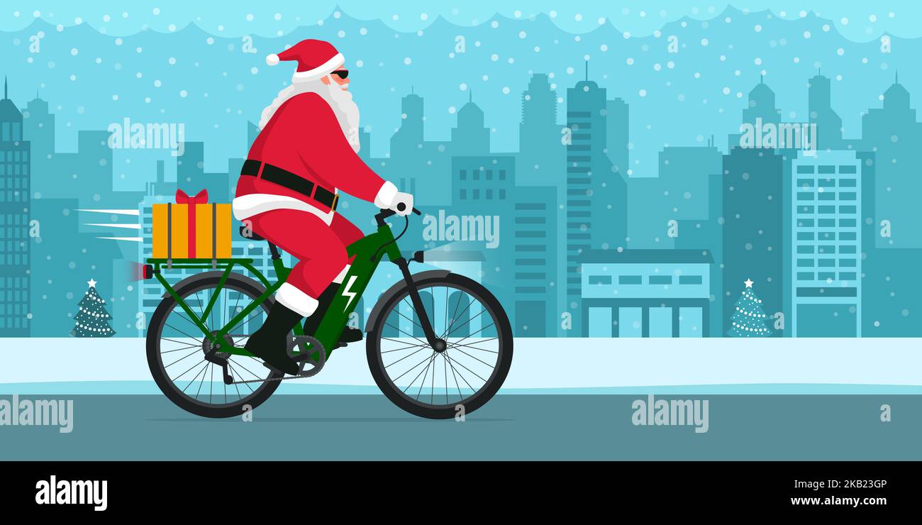 Le Père Noël écologique contemporain est équipé d'un vélo électronique et d'un cadeau de Noël Illustration de Vecteur