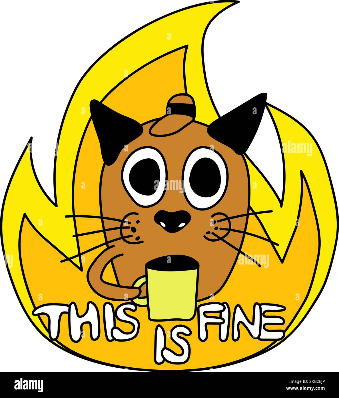 Meme chat sur le feu comme chien célèbre avec une tasse pendant que sa maison est en feu. Illustration vectorielle tendance de bande dessinée. Animal de compagnie choqué avec de grands yeux Illustration de Vecteur