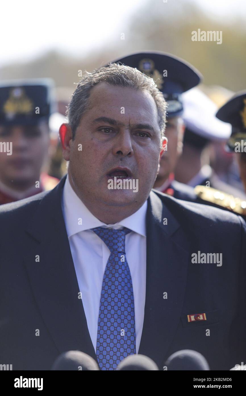 Panos Kammenos à Thessalonique lors du défilé militaire du 28th octobre 2018, la 'journée Oxi' qui commémore le rejet de la Grèce de l'ultimatum fait par le dictateur italien Benito Mussolini en 1940. Panos Kammenos est le ministre de la Défense nationale de Grèce et fondateur du parti de droite indépendant Grecs. (Photo de Nicolas Economou/NurPhoto) Banque D'Images