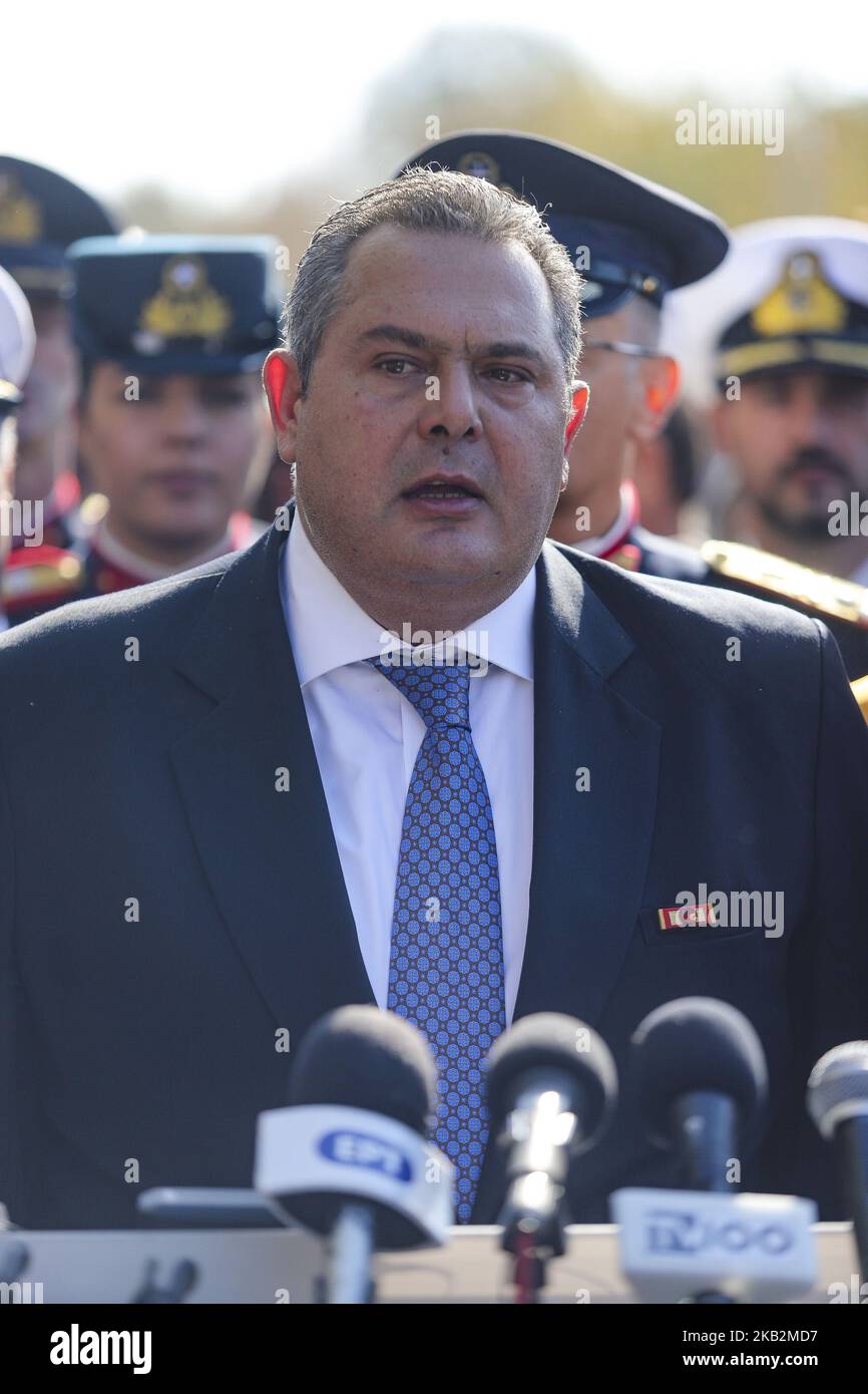 Panos Kammenos à Thessalonique lors du défilé militaire du 28th octobre 2018, la 'journée Oxi' qui commémore le rejet de la Grèce de l'ultimatum fait par le dictateur italien Benito Mussolini en 1940. Panos Kammenos est le ministre de la Défense nationale de Grèce et fondateur du parti de droite indépendant Grecs. (Photo de Nicolas Economou/NurPhoto) Banque D'Images