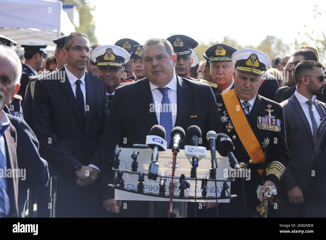 Panos Kammenos à Thessalonique lors du défilé militaire du 28th octobre 2018, la 'journée Oxi' qui commémore le rejet de la Grèce de l'ultimatum fait par le dictateur italien Benito Mussolini en 1940. Panos Kammenos est le ministre de la Défense nationale de Grèce et fondateur du parti de droite indépendant Grecs. (Photo de Nicolas Economou/NurPhoto) Banque D'Images