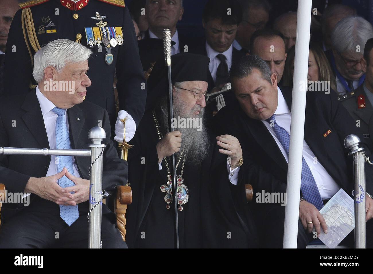 Panos Kammenos à Thessalonique lors du défilé militaire du 28th octobre 2018, la 'journée Oxi' qui commémore le rejet de la Grèce de l'ultimatum fait par le dictateur italien Benito Mussolini en 1940. Panos Kammenos est le ministre de la Défense nationale de Grèce et fondateur du parti de droite indépendant Grecs. (Photo de Nicolas Economou/NurPhoto) Banque D'Images