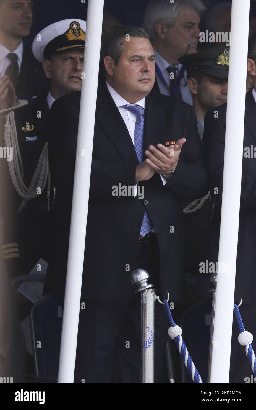 Panos Kammenos à Thessalonique lors du défilé militaire du 28th octobre 2018, la 'journée Oxi' qui commémore le rejet de la Grèce de l'ultimatum fait par le dictateur italien Benito Mussolini en 1940. Panos Kammenos est le ministre de la Défense nationale de Grèce et fondateur du parti de droite indépendant Grecs. (Photo de Nicolas Economou/NurPhoto) Banque D'Images