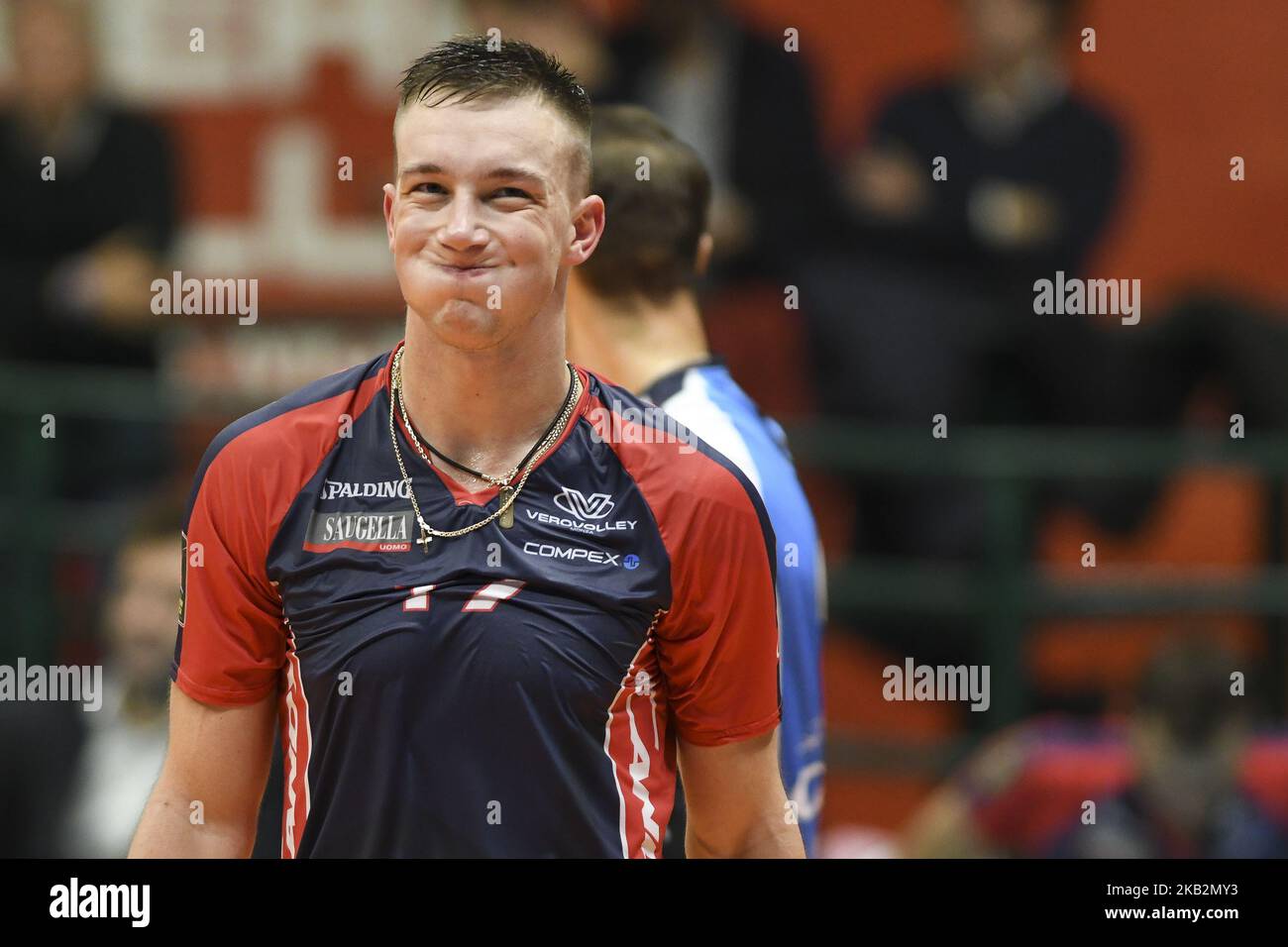 OLEH Plotnytskyi (#17 Vero Volley Monza) réagit au cours de la Superlega Serie italienne Un match de volley entre Vero Volley Monza et Consar Ravenna à Monza, Italie le 1st novembre 2018, Monza a gagné 3-1. (Photo de Roberto Finizio/NurPhoto) Banque D'Images