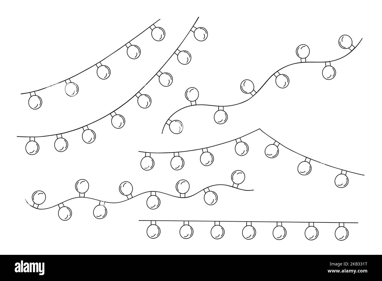 Lampe de Noël lumières guirlande de guirlandes ensemble simple Doodle dessin à la main illustration vectorielle, contour traditionnel image de la saison de fête pour l'hiver Nouveau Illustration de Vecteur