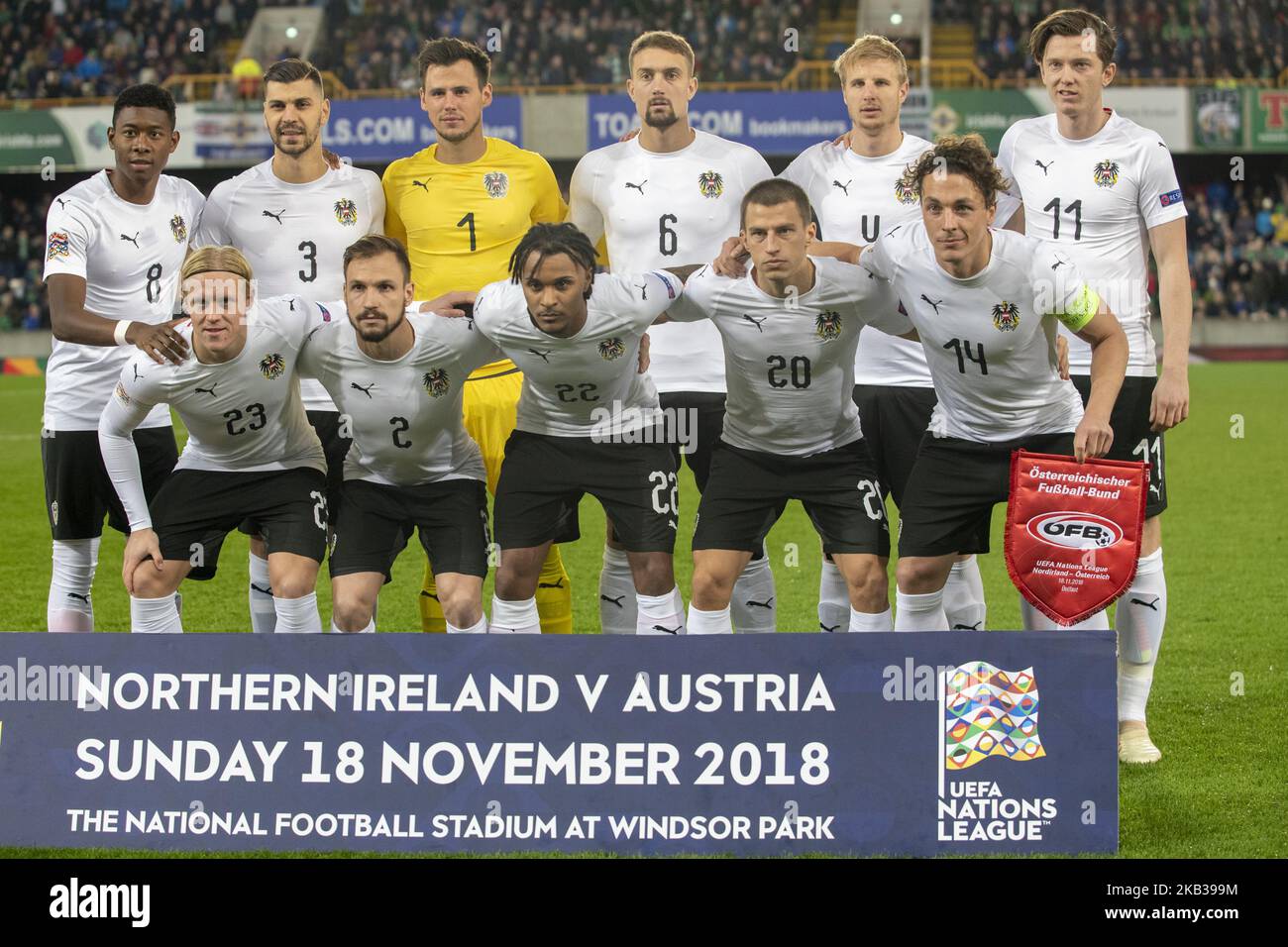 L'équipe nationale autrichienne de football pose pour la photo lors de l'UEFA Nations League B Group 3 entre l'Irlande du Nord et l'Autriche à Windsor Park à Belfast, Irlande du Nord, Royaume-Uni sur 18 novembre 2018 (photo par Andrew Surma/NurPhoto) Banque D'Images