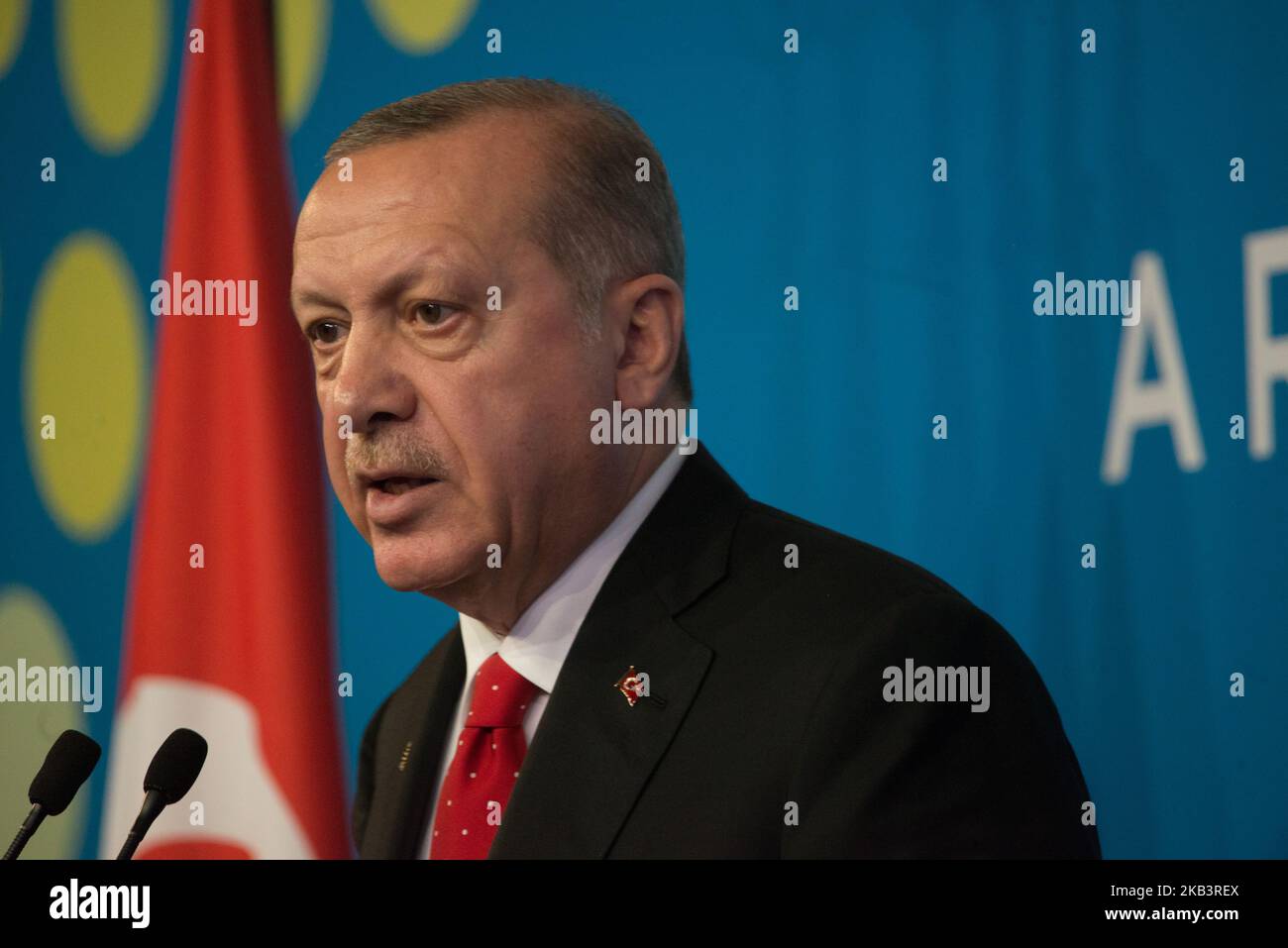 Le Président turc Recep Tayyip Erdogan lors d'une conférence de presse après le Sommet des leaders de G20 à Buenos Aires, en Argentine, le samedi 1 décembre 2018. Les dirigeants du Groupe des 20 pays industrialisés se sont réunis pendant deux jours à Buenos Aires. (Photo de Mario de Fina/NurPhoto) Banque D'Images