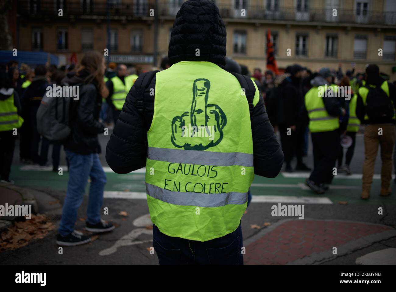 Une veste jaune a écrit sur son dos 'Angry Gallic'. Une marche pour le  climat a eu lieu à Toulouse avec la devise #itsstiltime  (#ilestencoretemps). Ils ont été rejoints par les gilets