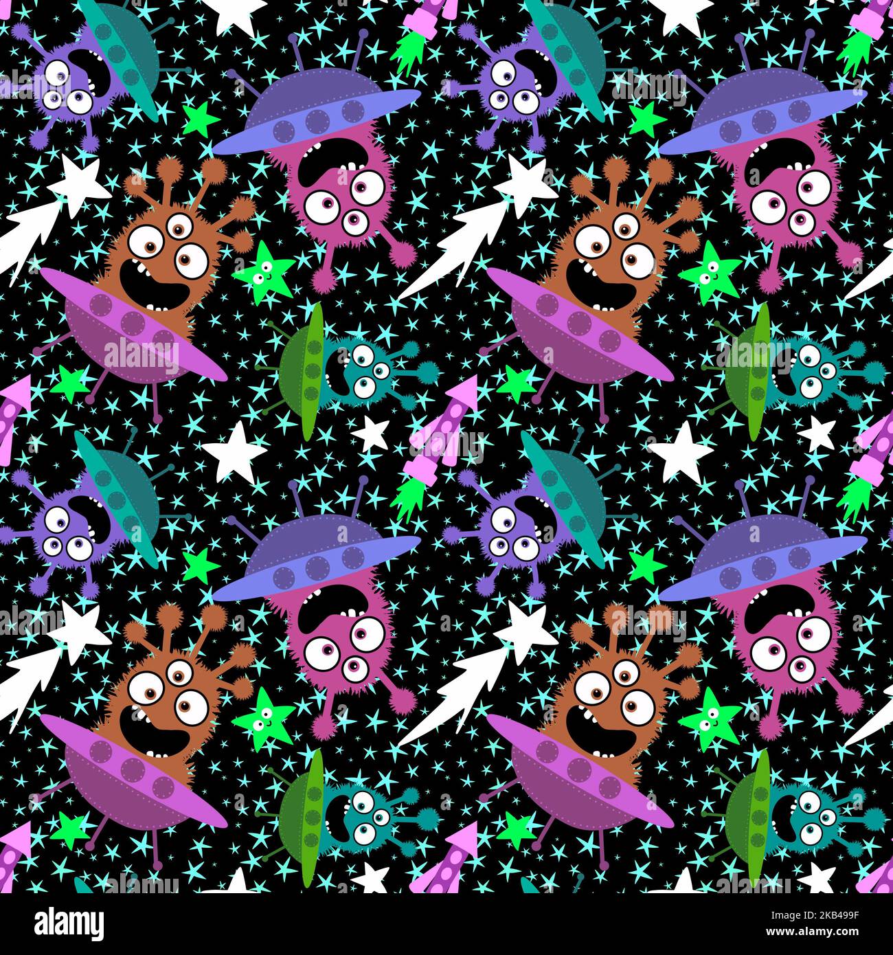 Dessin animé extraterrestres monstres sans couture vaisseau spatial et motif étoiles pour emballer papier et vêtements pour enfants imprimé et tissus et linge de maison et accessoires de jardin d'enfants Banque D'Images