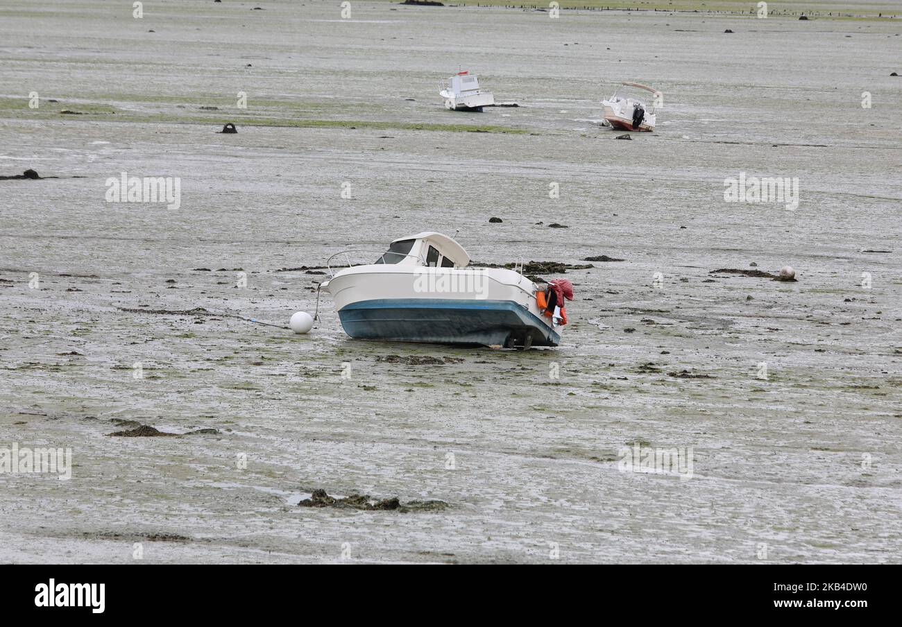 Faire du bateau dans les fonds marins à marée basse dans le nord de la France Banque D'Images