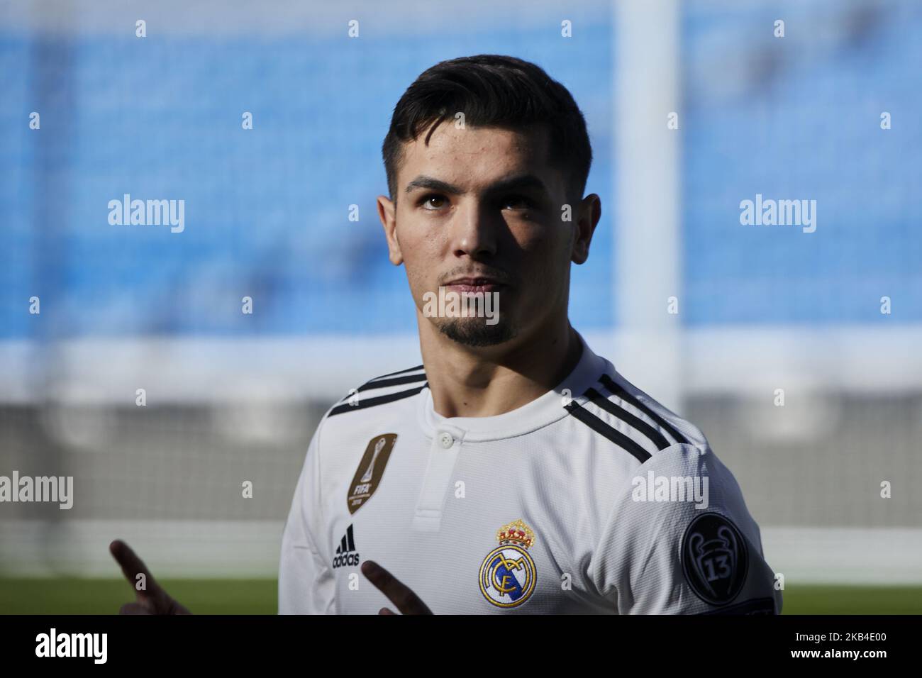 Brahim Diaz lors de sa présentation officielle en tant que joueur de football du Real Madrid au stade Santiago Bernabeu à Madrid, Espagne. 07 janvier 2019. (Photo de A. Ware/NurPhoto) Banque D'Images